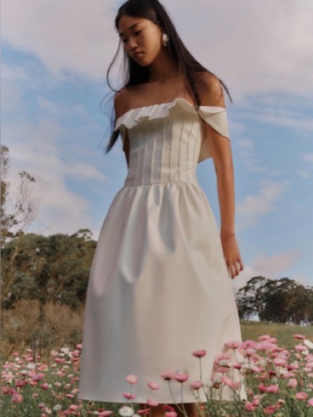 Meshki Orla White Off-Shoulder Midi Dress - Size L - Bridal/Graduation